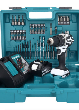 Makita DHP 484 RT1X1W Akku Schlagbohrschrauber 18 V 54 Nm Brushless Weiß + 1x Akku 5,0 Ah + Ladegerät + 74 tlg. Zubehörset + Koffer