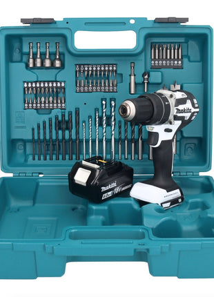 Makita DHP 484 G1X1W Akku Schlagbohrschrauber 18 V 54 Nm Brushless Weiß + 1x Akku 6,0 Ah + 74 tlg. Zubehörset + Koffer - ohne Ladegerät