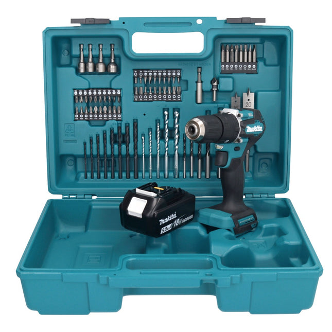 Makita DHP 487 T1X1 Akku Schlagbohrschrauber 18 V 40 Nm Brushless + 1x Akku 5,0 Ah + 74 tlg. Zubehörset + Koffer - ohne Ladegerät