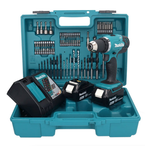 Makita DDF 453 RGX1 Akku Bohrschrauber 18 V 42 Nm + 2x Akku 6,0 Ah + Ladegerät + 74 tlg. Zubehörset + Koffer