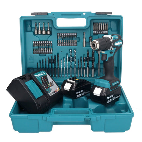 Makita DDF 487 RTX1 Akku Bohrschrauber 18 V 40 Nm Brushless + 2x Akku 5,0 Ah + Ladegerät + 74 tlg. Zubehörset + Koffer