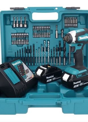 Makita DTD 153 RFX1 Akku Schlagschrauber 18 V 170 Nm 1/4" Brushless + 2x Akku 3,0 Ah + Ladegerät + 74 tlg. Zubehörset + Koffer