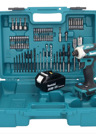 Makita DTD 171 T1X1 Akku Schlagschrauber 18 V 180 Nm 1/4" Brushless + 1x Akku 5,0 Ah + 74 tlg. Zubehörset + Koffer - ohne Ladegerät