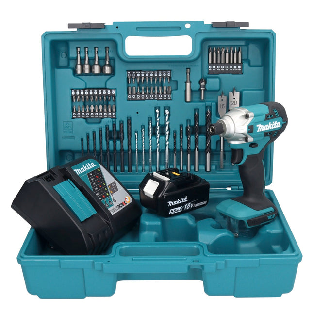 Makita DTD 156 RT1X1 Akku Schlagschrauber 18 V 155 Nm 1/4" + 1x Akku 5,0 Ah + Ladegerät + 74 tlg. Zubehörset + Koffer