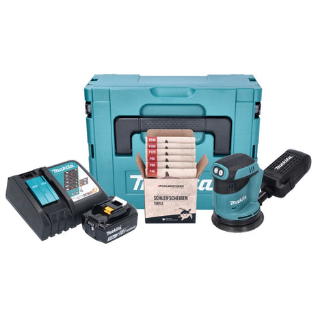 Makita DBO 180 RF1J Akku Exzenterschleifer 18 V 125 mm + 1x Akku 3,0 Ah + Ladegerät + Toolbrothers TURTLE Schleifset + Makpac - Toolbrothers