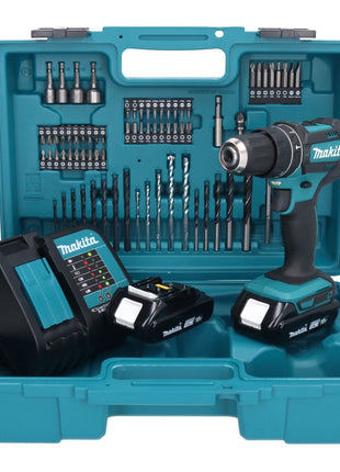 Makita DHP 482 SYX1 Akku Schlagbohrschrauber 18 V 62 Nm + 2x Akku 1,5 Ah + Ladegerät + 74 tlg. Zubehörset + Koffer