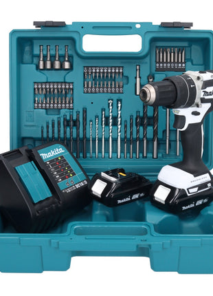 Makita DHP 484 SYX1W taladro percutor inalámbrico 18 V 54 Nm sin escobillas blanco + 2x baterías 1,5 Ah + cargador + set de accesorios 74 piezas + estuche