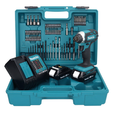 Makita DTD 152 SYX1 Akku Schlagschrauber 18 V 165 Nm 1/4" + 2x Akku 1,5 Ah + Ladegerät + 74 tlg. Zubehörset + Koffer