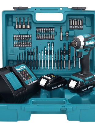 Makita DTD 154 SYX1 Akku Schlagschrauber 18 V 175 Nm 1/4" Brushless + 2x Akku 1,5 Ah + Ladegerät + 74 tlg. Zubehörset + Koffer