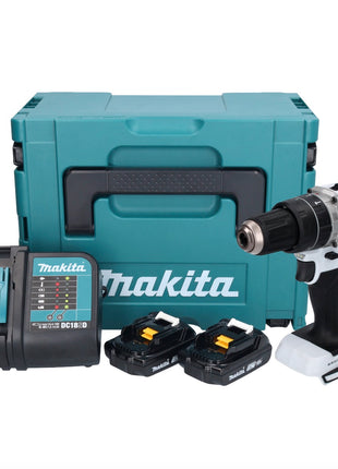 Makita DHP 484 SYJ W perceuse à percussion sans fil 18 V 54 Nm sans balais blanc + 2x batteries 1,5 Ah + chargeur + Makpac