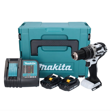 Makita DHP 484 SYJ W akumulatorowa wiertarka udarowa 18 V 54 Nm bezszczotkowa biała + 2x akumulator 1,5 Ah + ładowarka + Makpac