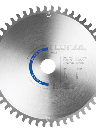 Hoja de sierra circular Festool aluminio/plástico HW F/FA 52 168 x 1,8 x 20 PW16 (205767) para TS 60 K, CSC-SYS 50