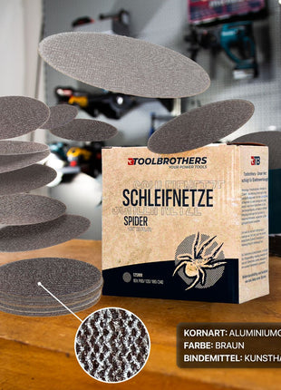 DBO 180 Z Akku Exzenterschleifer 18 V 125 mm + 2x Toolbrothers SPIDER Netzschleifmittel Set - ohne Akku, ohne Ladegerät, Ideal für Heimwerker, Schleifen, fest montierte Staubbox - Toolbrothers