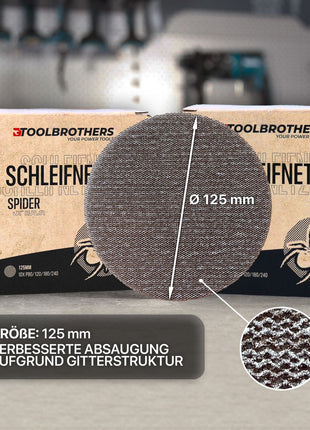 DBO 180 Z Akku Exzenterschleifer 18 V 125 mm + 4x Toolbrothers SPIDER Netzschleifmittel Set - ohne Akku, ohne Ladegerät, Ideal für Heimwerker, Schleifen, fest montierte Staubbox - Toolbrothers