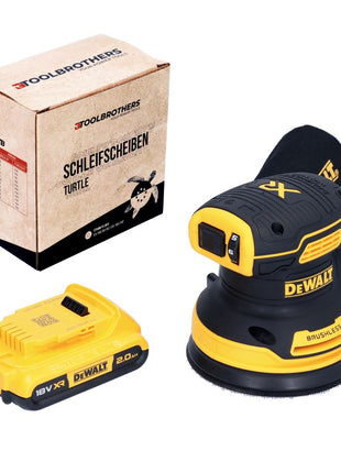 DeWalt DCW 210 N Akku Exzenterschleifer 18 V 125 mm Brushless + 1x Akku 2,0 Ah + 1x Toolbrothers TURTLE Schleifscheiben Set - ohne Ladegerät - Toolbrothers