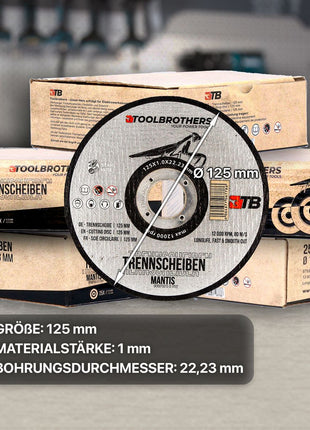 Toolbrothers MANTIS Trennscheiben- Set in Profi Qualität 2 Packungen 50 Stück, 125 x 22,23 x 1 mm zur Bearbeitung von Metall, Stahl, Edelstahl / INOX für Winkelschleifer - Toolbrothers