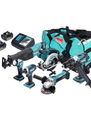 Kit combinado de baterías Makita DLX 6046 18 V DGA 452 + DHP 458 + DJR 186 + DML 802 + DSS 610 + DTD 152 + 3x baterías 3.0 Ah + cargador + bolsa