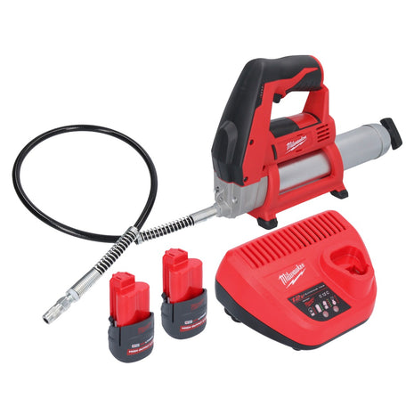 Pistola engrasadora a batería Milwaukee M12 GG-252 12 V 562 bar + 2x baterías 2,5 Ah + cargador