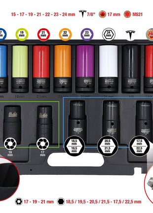 KS TOOLS 1/2" MASTER Spezial-Kraft-Stecknuss-Satz für Radverschraubungen, 17-tlg ( 515.0885 ) - Toolbrothers