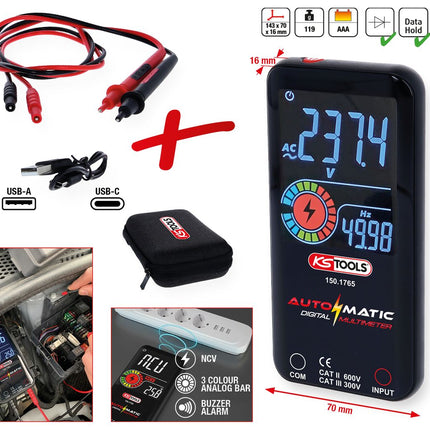 KS TOOLS Automatik Digital-Multimeter inkl. Prüfspitzen  ( 150.1765 ) - Toolbrothers