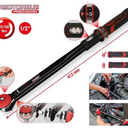 KS TOOLS 1/2" ERGOTORQUE®precision Ratschen-Drehmomentschlüssel Drehknopf, 20-100Nm ( 516.1432 )
