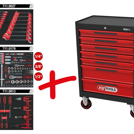 KS TOOLS ECOline SCHWARZ/ROT Werkstattwagen mit 7 Schubladen und 215 Premium-Werkzeugen ( 897.7215 ) - Toolbrothers