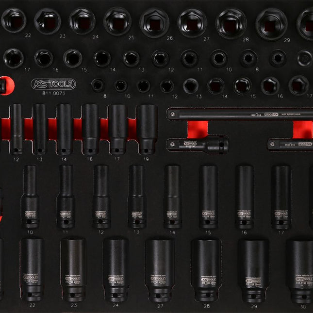 KS TOOLS 3/8'' + 1/2'' Kraft-Steckschlüssel-Satz in Schaumstoffeinlage, 73-tlg ( 811.0073 ) - Toolbrothers