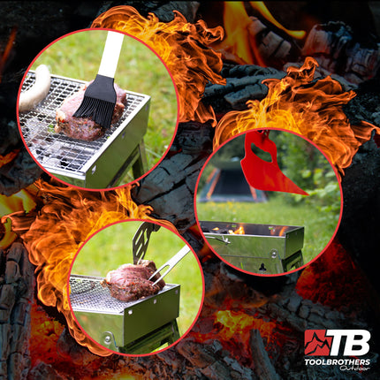 Toolbrothers Outdoor przenośny grill węglowy ze stali nierdzewnej do montażu bez użycia narzędzi 43 x 29 x 23 cm srebrny + sztućce do grilla, rękawice do grilla i przegródki do grilla 8 szt.
