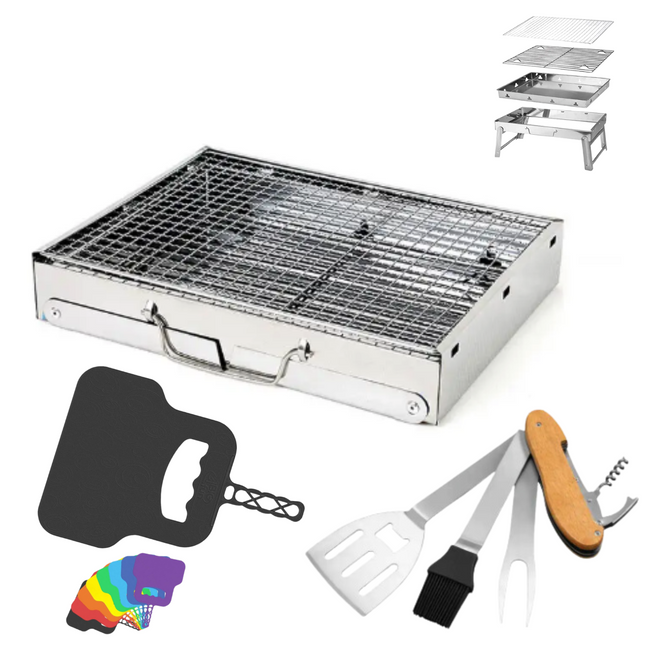 Toolbrothers Outdoor przenośny grill węglowy ze stali nierdzewnej do montażu bez użycia narzędzi 43 x 29 x 23 cm srebrny + sztućce do grilla, rękawice do grilla i przegródki do grilla 8 szt.