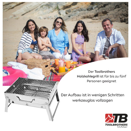 Toolbrothers Outdoor przenośny grill węglowy ze stali nierdzewnej do montażu bez użycia narzędzi 43 x 29 x 23 cm srebrny + sztućce do grilla, rękawice do grilla i przegródki do grilla 8 szt.