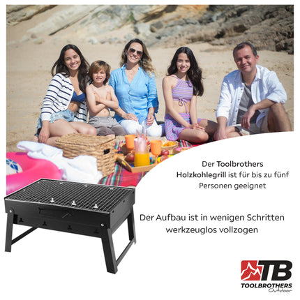 Toolbrothers Zewnętrzny przenośny zestaw do grillowania na węglu drzewnym do montażu bez użycia narzędzi 43 x 29 x 23 cm czarny + sztućce do grillowania, rękawice do grillowania i przegródki do grillowania 8 szt.