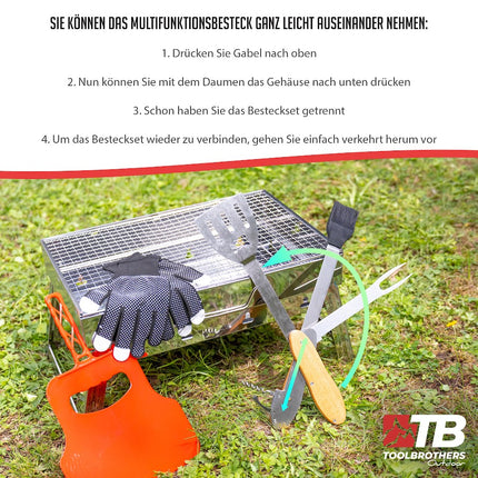 Toolbrothers Zewnętrzny przenośny zestaw do grillowania na węglu drzewnym do montażu bez użycia narzędzi 43 x 29 x 23 cm czarny + sztućce do grillowania, rękawice do grillowania i przegródki do grillowania 8 szt.