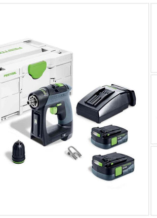 Festool CXS 12 2,5-Plus akumulatorowa wiertarko-wkrętarka 12 V 30 Nm bezszczotkowa ( 576864 ) + 2x akumulator 2,5 Ah + ładowarka + systainer