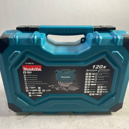 Makita Werkzeug Set 120 tlg E 08713 1 4 3 8 Ratsche Steckschluessel Bits Kombischluessel aus CV Stahl Makpac Unvollstaendig 2 - toolbrothers