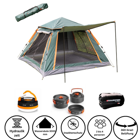 Toolbrothers Outdoor Camping-Set Tente pour 2-4 personnes Tente hydraulique Pop-Up + équipement de camping 13 pcs.