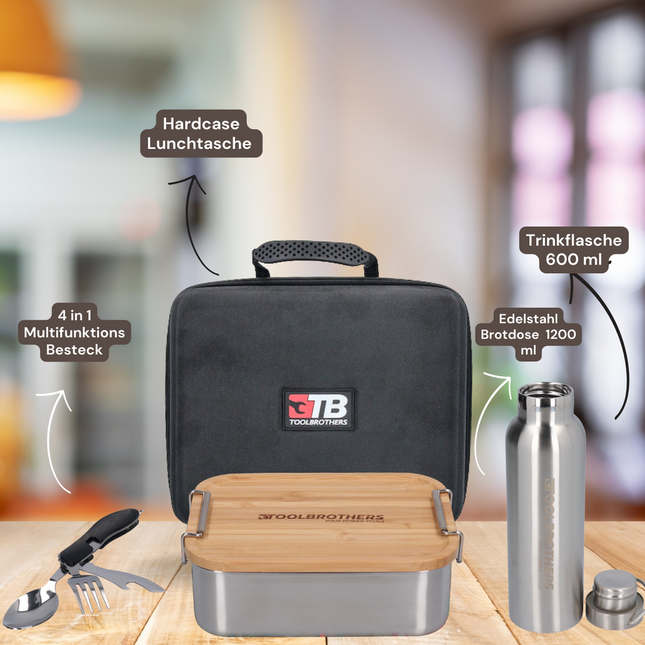 Toolbrothers Fan Lunch Pack in Hardcase Carry Bag Wodoodporna torba na lunch z pojemnikiem ze stali nierdzewnej i bambusową pokrywką 1200 ml + butelka ze stali nierdzewnej 600 ml + wielofunkcyjne sztućce 4 w 1
