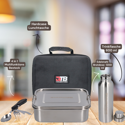 Toolbrothers Fan Lunchpaket in Hardcase Tragetasche Lunchtasche Wasserdicht mit Edelstahl Brotdose mit Trennfaechern und Edelstahldeckel 1200 ml Edelstahl Trinkflasche 600 ml 4 in 1 Multifunktions Besteck 0 - toolbrothers