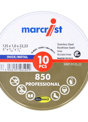 Marcrist 850 Inox Spezial Ultradünn Trennscheibe 10 Stk. 125 x 1,0 x 22,23 mm ( 5007.0125.22-10 ) für Winkelschleifer