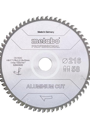 Metabo Aluminium Cut - Professional Kreissägeblatt 216 x 30 mm Z58 FZ/TZ 5° NEG ( 628443000 ) für Aluminium