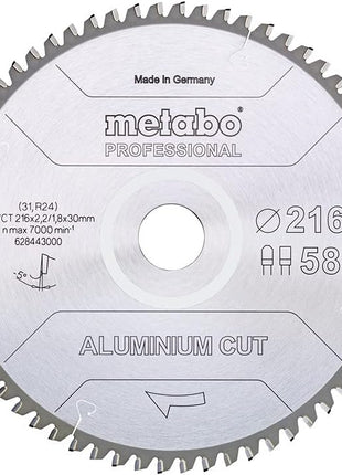 Metabo Aluminium Cut - Professional Kreissägeblatt 216 x 30 mm Z58 FZ/TZ 5° NEG ( 628443000 ) für Aluminium