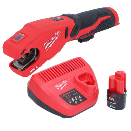 Milwaukee M12 PCSS-201 akumulatorowy obcinak do rur ze stali nierdzewnej 12 V 12 - 28 mm + 1x akumulator 2,0 Ah + ładowarka