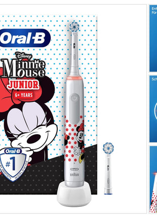 Elektryczna szczoteczka do zębów Oral-B Junior Minnie Mouse Elektryczna szczoteczka do zębów dla dzieci od 6 lat 360° regulacja nacisku 2 tryby szczotkowania, w tym timer, biała + 2 dołączane końcówki