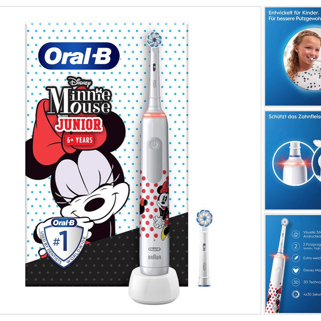 Elektryczna szczoteczka do zębów Oral-B Junior Minnie Mouse Elektryczna szczoteczka do zębów dla dzieci od 6 lat 360° regulacja nacisku 2 tryby szczotkowania, w tym timer, biała + 2 dołączane końcówki
