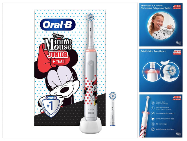 Elektryczna szczoteczka do zębów Oral-B Junior Minnie Mouse Elektryczna szczoteczka do zębów dla dzieci od 6 lat 360° regulacja nacisku 2 tryby szczotkowania, w tym timer, biała + 2 dołączane końcówki