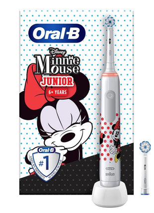 Elektryczna szczoteczka do zębów Oral-B Junior Minnie Mouse Elektryczna szczoteczka do zębów dla dzieci od 6 lat 360° regulacja nacisku 2 tryby szczotkowania, w tym timer, biała + 2 dołączane końcówki