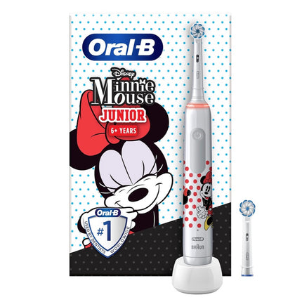 Elektryczna szczoteczka do zębów Oral-B Junior Minnie Mouse Elektryczna szczoteczka do zębów dla dzieci od 6 lat 360° regulacja nacisku 2 tryby szczotkowania, w tym timer, biała + 2 dołączane końcówki