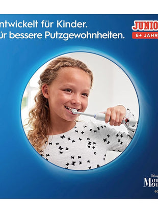 Elektryczna szczoteczka do zębów Oral-B Junior Minnie Mouse Elektryczna szczoteczka do zębów dla dzieci od 6 lat 360° regulacja nacisku 2 tryby szczotkowania, w tym timer, biała + 2 dołączane końcówki