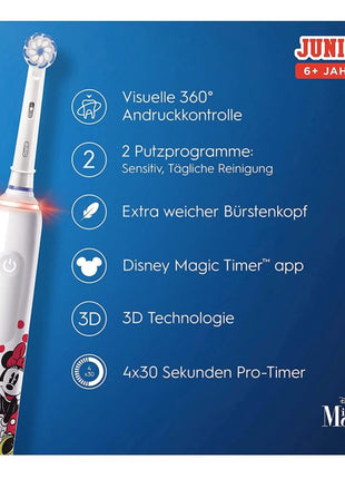 Elektryczna szczoteczka do zębów Oral-B Junior Minnie Mouse Elektryczna szczoteczka do zębów dla dzieci od 6 lat 360° regulacja nacisku 2 tryby szczotkowania, w tym timer, biała + 2 dołączane końcówki