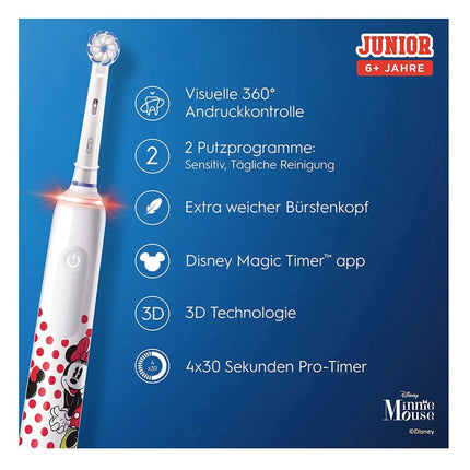 Elektryczna szczoteczka do zębów Oral-B Junior Minnie Mouse Elektryczna szczoteczka do zębów dla dzieci od 6 lat 360° regulacja nacisku 2 tryby szczotkowania, w tym timer, biała + 2 dołączane końcówki
