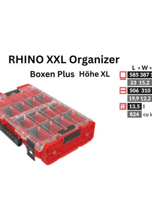 Toolbrothers RHINO XXL organizer ULTRA wysokość XL pudełka+ niestandardowe sztaplowanie 582 x 387 x 131 mm 13,5 l IP66 z 4 wkładkami i 12 przegrodami